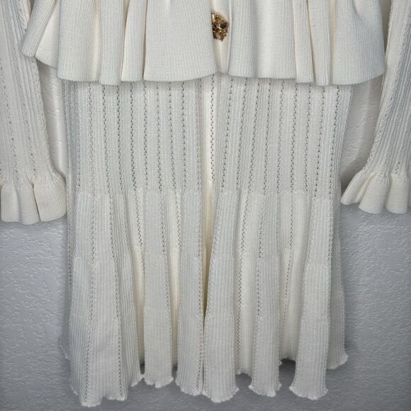 NWT SELF-Portrait WHITE KNIT PEPLUM MINI DRESS Medium - Picture 6 of 14